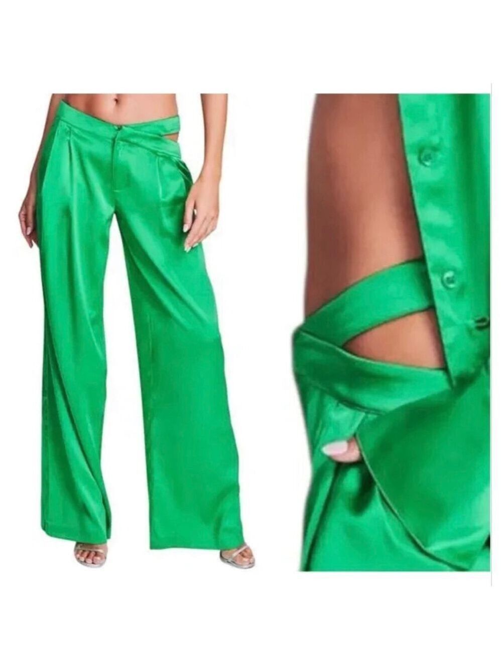 Women's SER.O.YA Green Satin Wide Leg Pants S